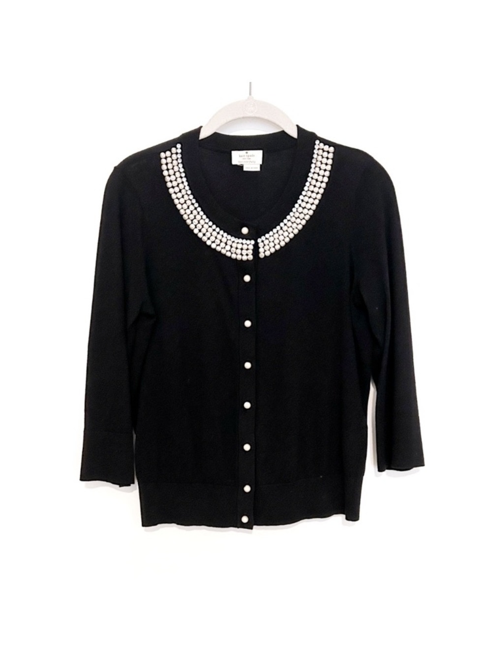 Kate Spade black 3/4 sleeve black Rhinestone Pearl Cardigan Sweater cardigan